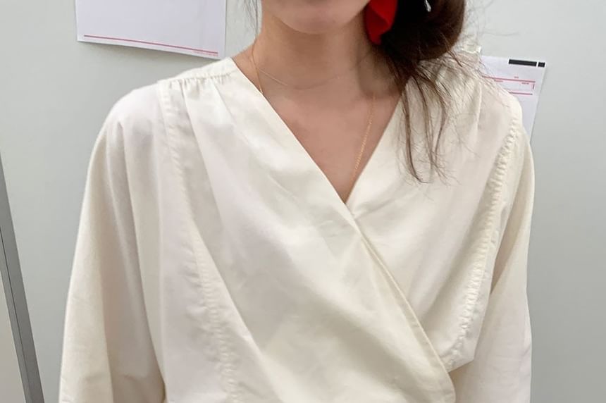 V-Neck Wrap Blouse with Tie Waist and Long Sleeves