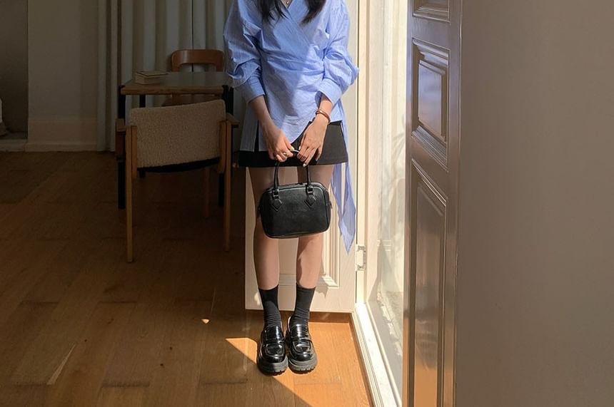 Collared Striped Wrap Blouse