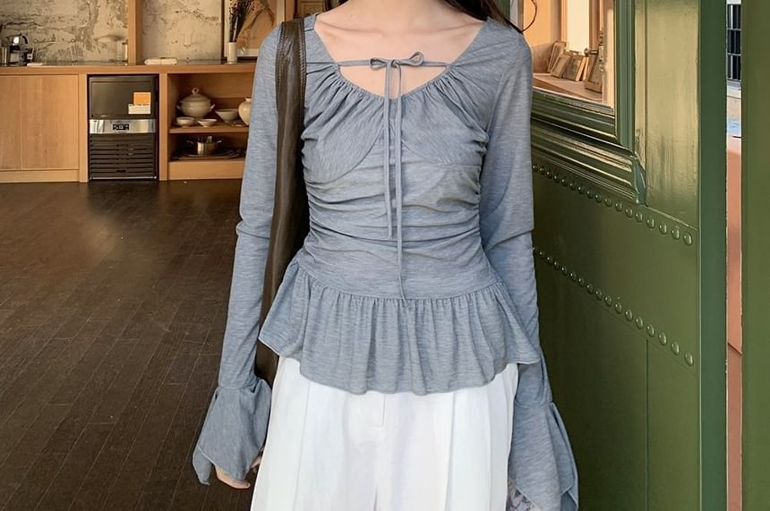 Halter Ruffle Hem Long Sleeve Tee
