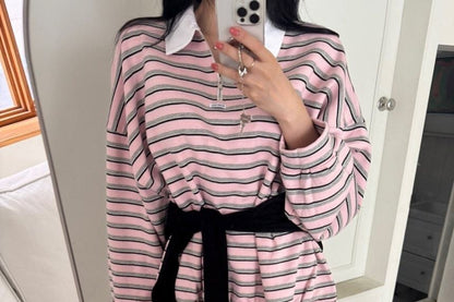 Striped Contrast Collar Half-Zip Pullover