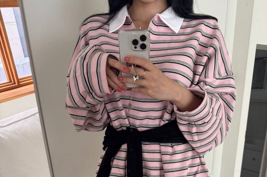 Striped Contrast Collar Half-Zip Pullover