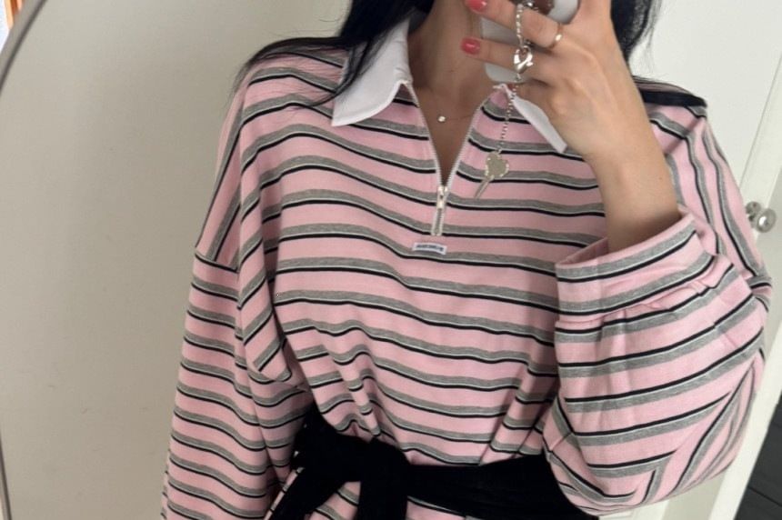 Striped Contrast Collar Half-Zip Pullover