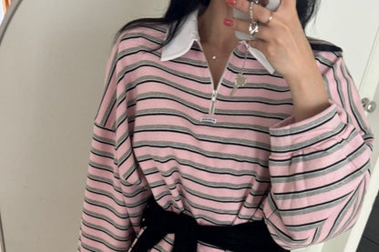 Striped Contrast Collar Half-Zip Pullover