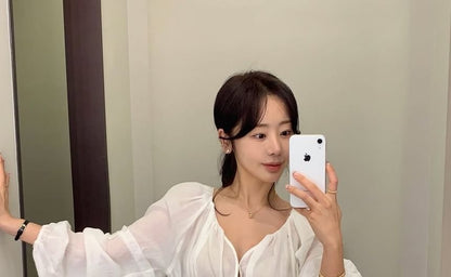 Frilled Long-Sleeve Tie-Front Blouse