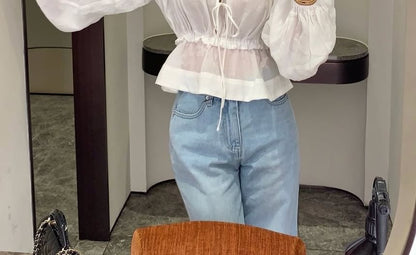 Frilled Long-Sleeve Tie-Front Blouse