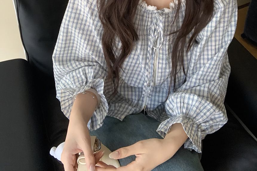 Plaid Lace Zip Blouse with Tie Front