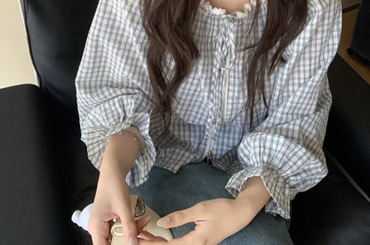 Plaid Lace Zip Blouse with Tie Front
