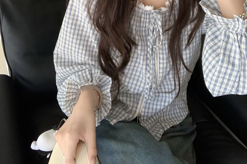 Plaid Lace Zip Blouse with Tie Front