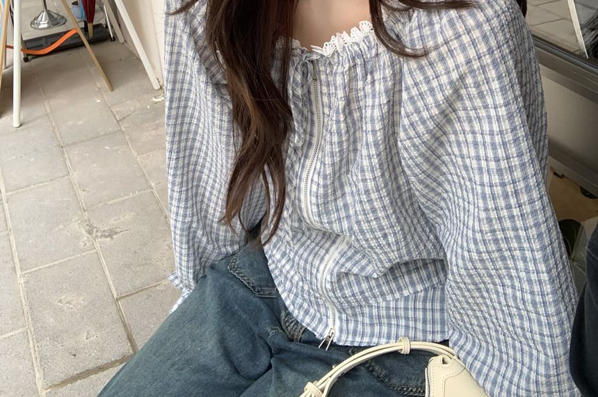 Plaid Lace Zip Blouse with Tie Front