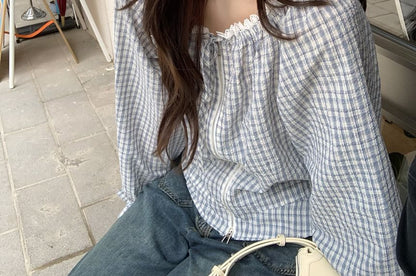 Plaid Lace Zip Blouse with Tie Front