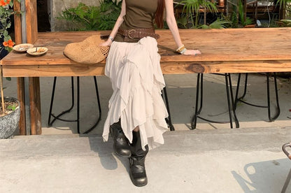 Cutout Back Tank with Maxi Skirt and Belt Set