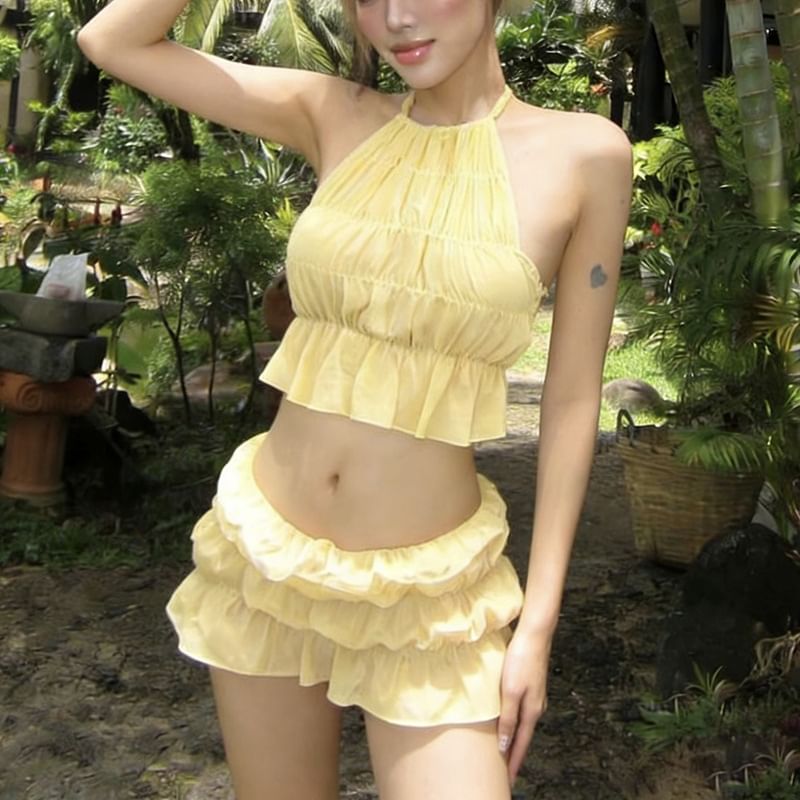 Sleeveless Crop Top with Tiered Mini Skirt
