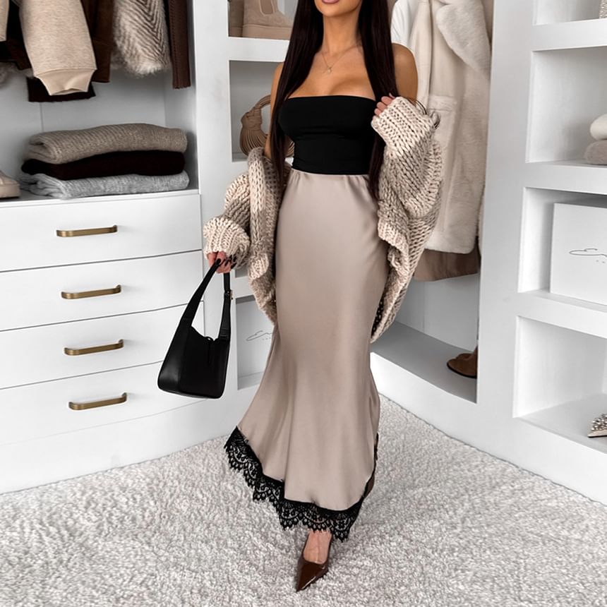 High Waist Lace-Trim Satin Fishtail Maxi Skirt
