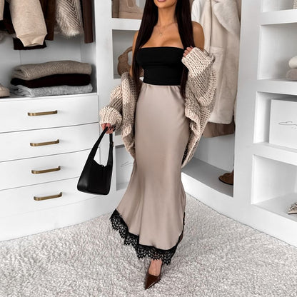 High Waist Lace-Trim Satin Fishtail Maxi Skirt