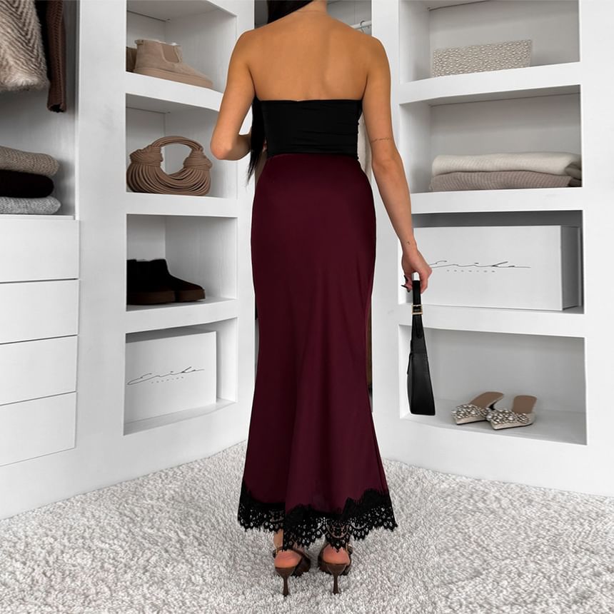 High Waist Lace-Trim Satin Fishtail Maxi Skirt