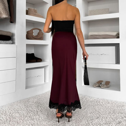 High Waist Lace-Trim Satin Fishtail Maxi Skirt