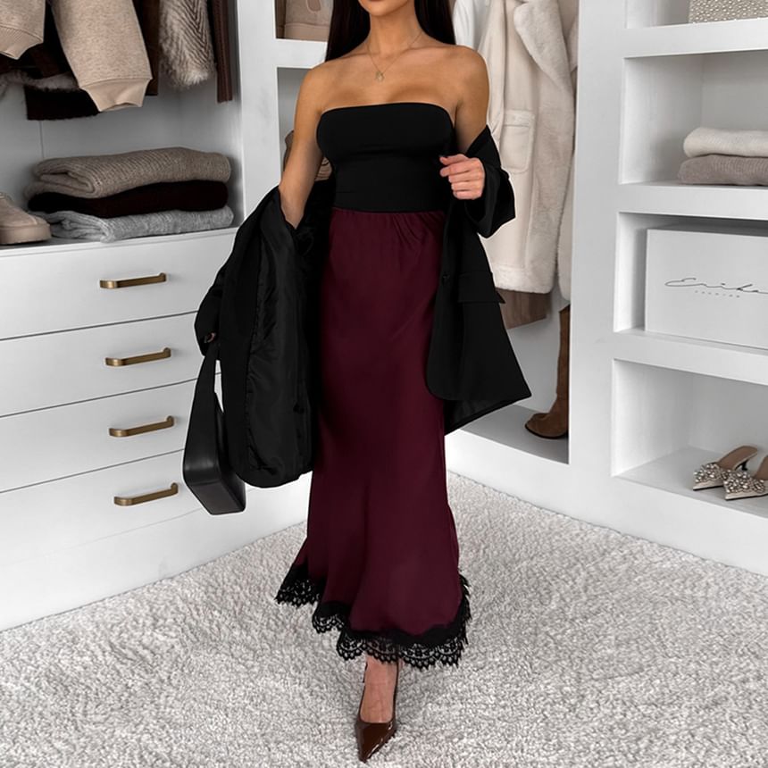 High Waist Lace-Trim Satin Fishtail Maxi Skirt