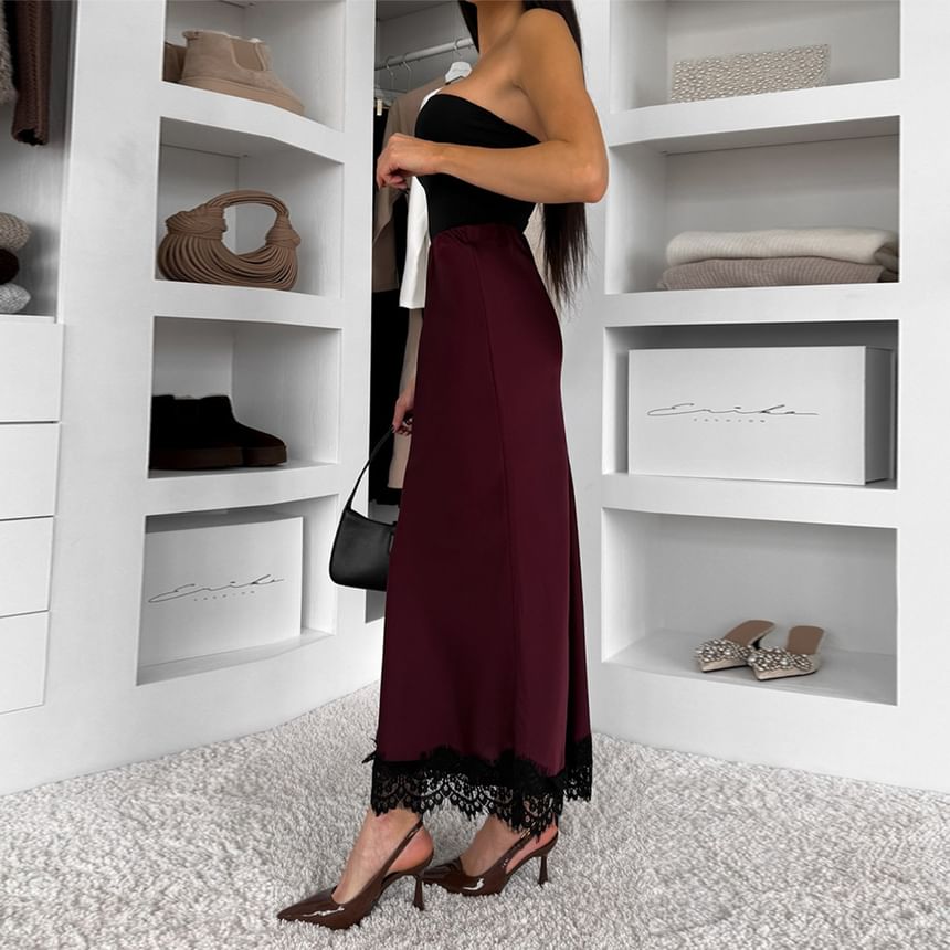 High Waist Lace-Trim Satin Fishtail Maxi Skirt