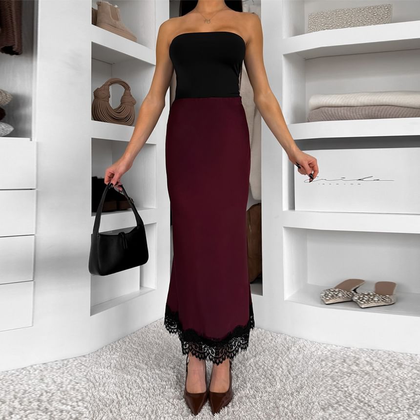High Waist Lace-Trim Satin Fishtail Maxi Skirt
