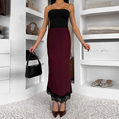 High Waist Lace-Trim Satin Fishtail Maxi Skirt