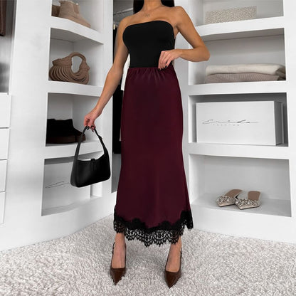 High Waist Lace-Trim Satin Fishtail Maxi Skirt
