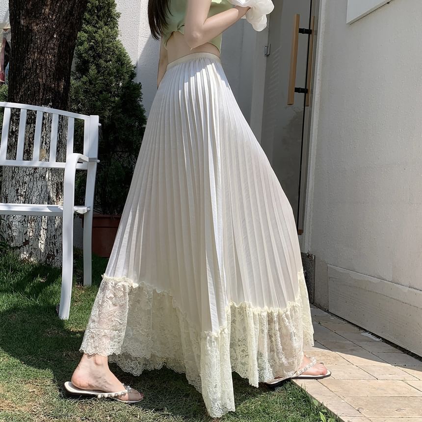High Waist Lace Panel Accordion Pleated Satin Maxi A-Line Skirt