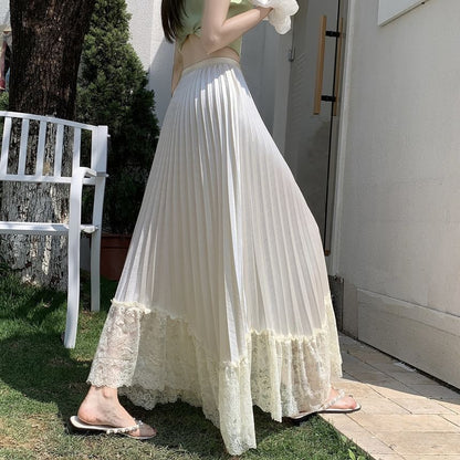High Waist Lace Panel Accordion Pleated Satin Maxi A-Line Skirt