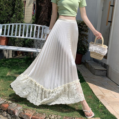 High Waist Lace Panel Accordion Pleated Satin Maxi A-Line Skirt