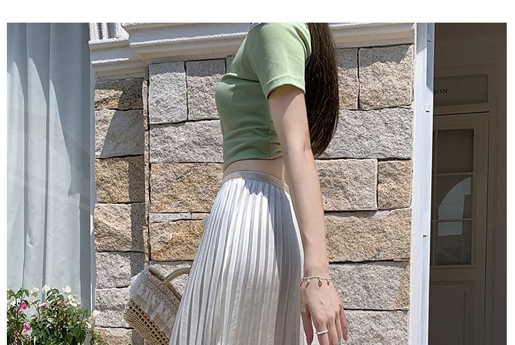 High Waist Lace Panel Accordion Pleated Satin Maxi A-Line Skirt