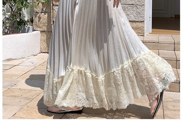 High Waist Lace Panel Accordion Pleated Satin Maxi A-Line Skirt