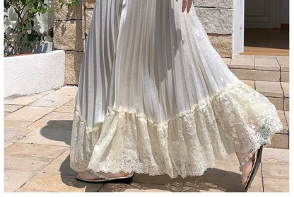 High Waist Lace Panel Accordion Pleated Satin Maxi A-Line Skirt