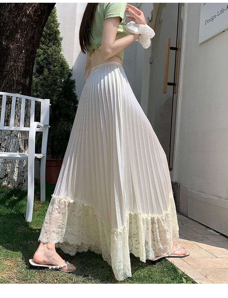 High Waist Lace Panel Accordion Pleated Satin Maxi A-Line Skirt