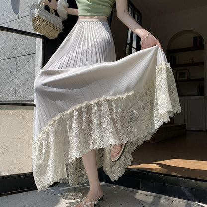 High Waist Lace Panel Accordion Pleated Satin Maxi A-Line Skirt