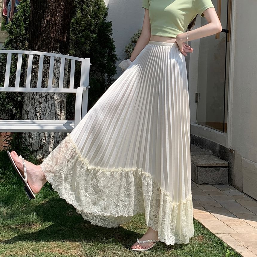 High Waist Lace Panel Accordion Pleated Satin Maxi A-Line Skirt