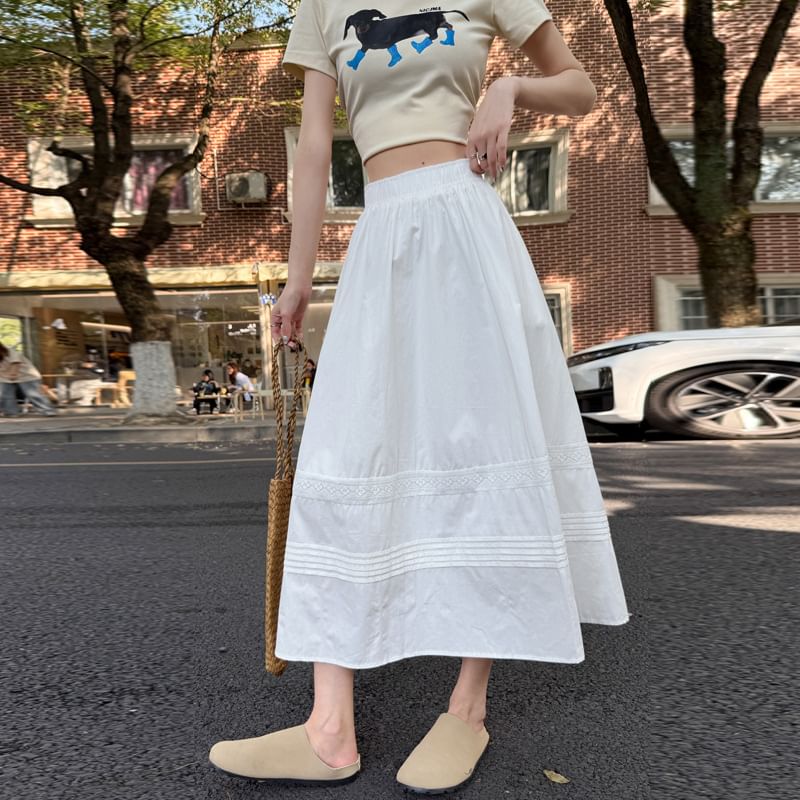 High Waist Lace Panel Pintuck Midi A-Line Skirt
