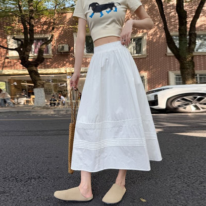 High Waist Lace Panel Pintuck Midi A-Line Skirt
