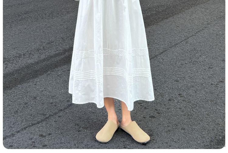 High Waist Lace Panel Pintuck Midi A-Line Skirt