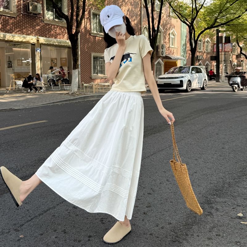 High Waist Lace Panel Pintuck Midi A-Line Skirt