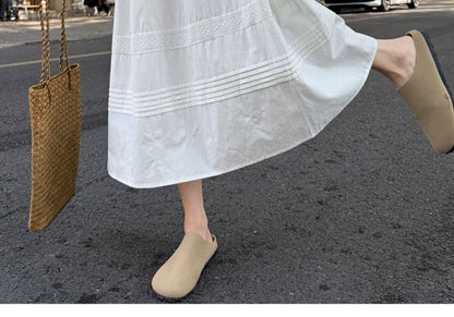 High Waist Lace Panel Pintuck Midi A-Line Skirt