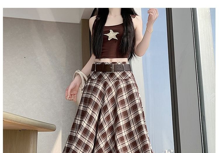 Set: High Waist Plaid Asymmetrical A-Line Skirt + Belt