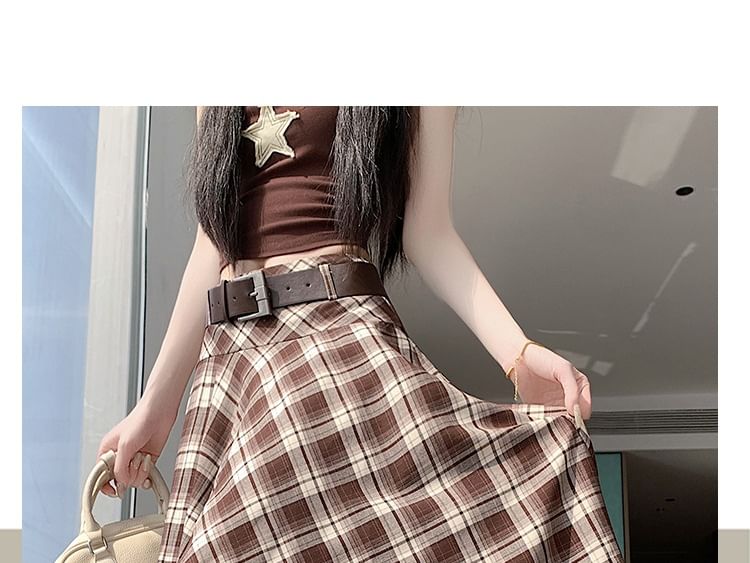Set: High Waist Plaid Asymmetrical A-Line Skirt + Belt