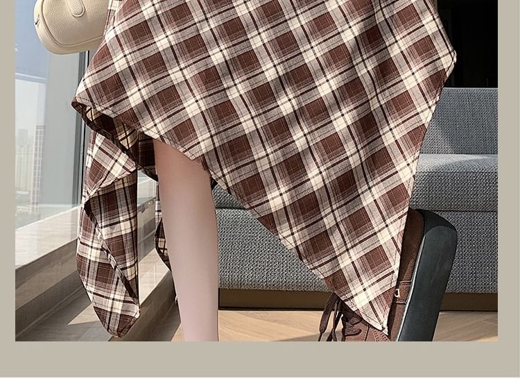 Set: High Waist Plaid Asymmetrical A-Line Skirt + Belt