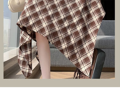 Set: High Waist Plaid Asymmetrical A-Line Skirt + Belt
