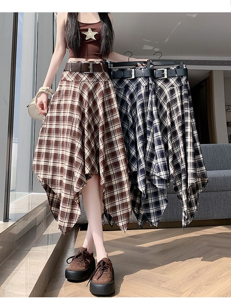 Set: High Waist Plaid Asymmetrical A-Line Skirt + Belt