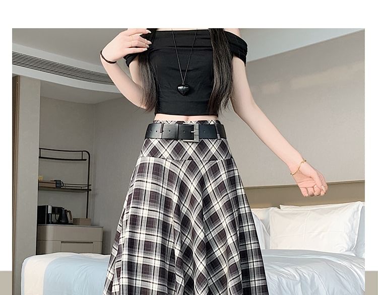 Set: High Waist Plaid Asymmetrical A-Line Skirt + Belt