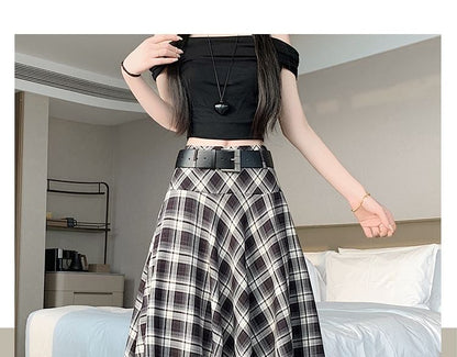 Set: High Waist Plaid Asymmetrical A-Line Skirt + Belt