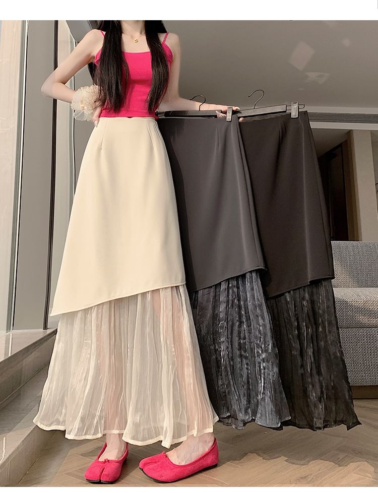 High Waist Plain Panel Mesh Maxi A-Line Skirt