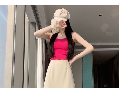 High Waist Plain Panel Mesh Maxi A-Line Skirt