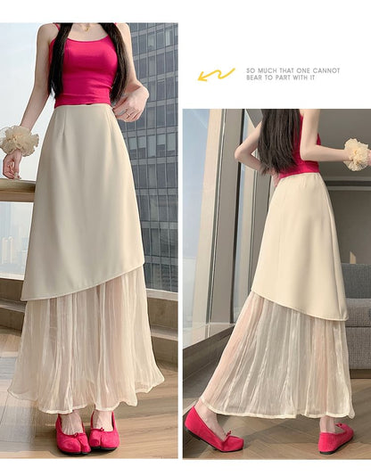High Waist Plain Panel Mesh Maxi A-Line Skirt