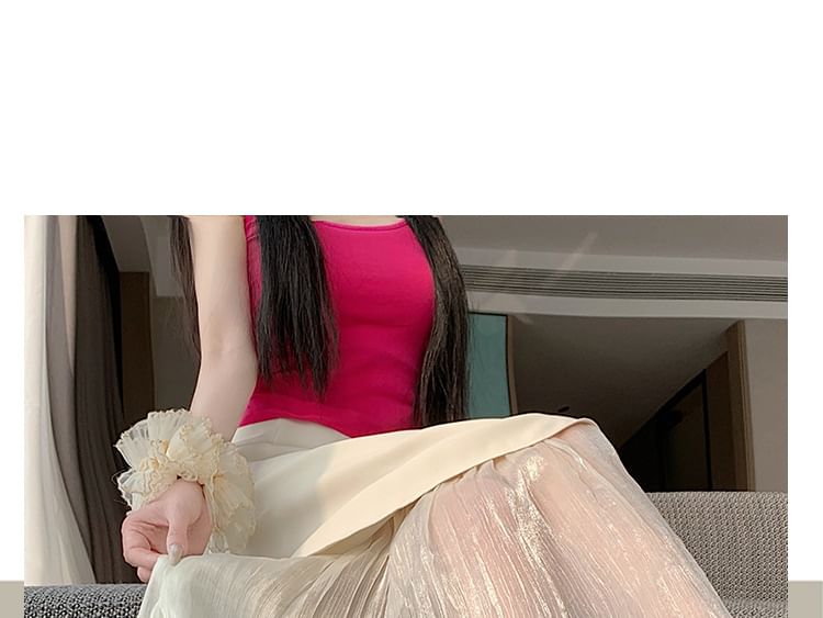 High Waist Plain Panel Mesh Maxi A-Line Skirt